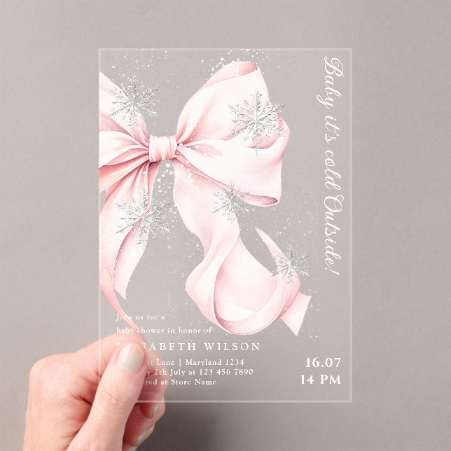 Pink Bow Baby It's Cold Outside Baby Shower Acrylic Invitations (Insitu (Handheld))