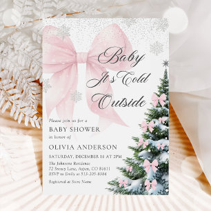Pink Bow Baby It's Cold Outside Baby Shower Invitation