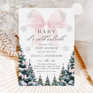 Pink Bow Baby It's Cold Outside Baby Shower Invitation