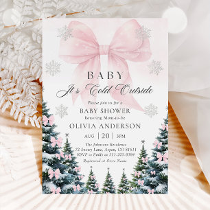 Pink Bow Baby It's Cold Outside Baby Shower Invitation