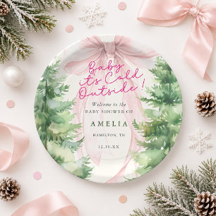 Pink Bow Baby It's Cold Outside Baby Shower  Paper Plate
