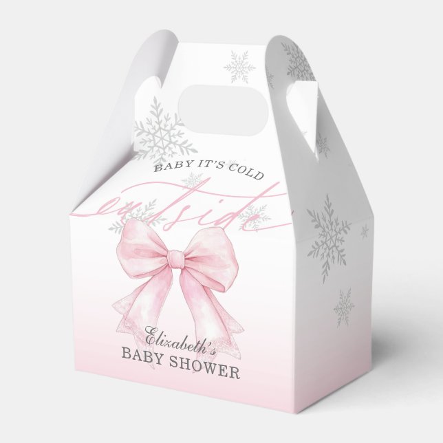 Pink Bow Baby Its Cold Outside Baby Shower Welcome Favor Box (Front Side)