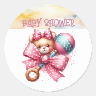 Pink Bow Baby Rattle Baby Shower Classic Round Sticker