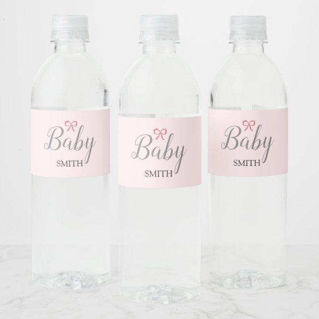 Pink Bow Baby Script Custom Name Water Bottle Label (Bottles)