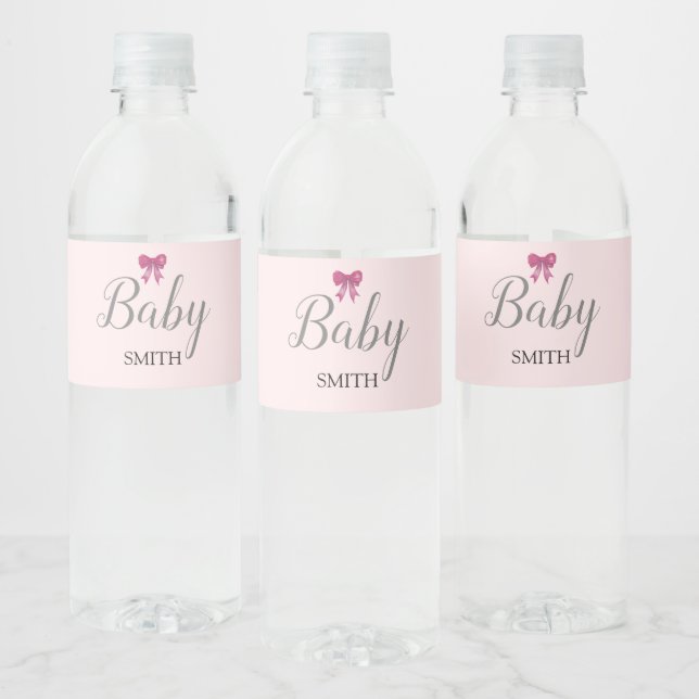 Pink Bow Baby Script Custom Name Water Bottle Label (Bottles)