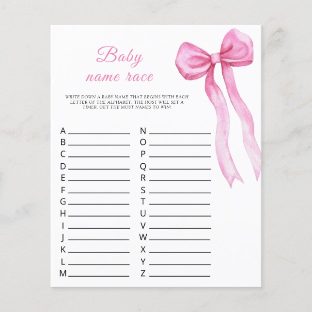 Pink bow baby shower - Baby name race game (Front)