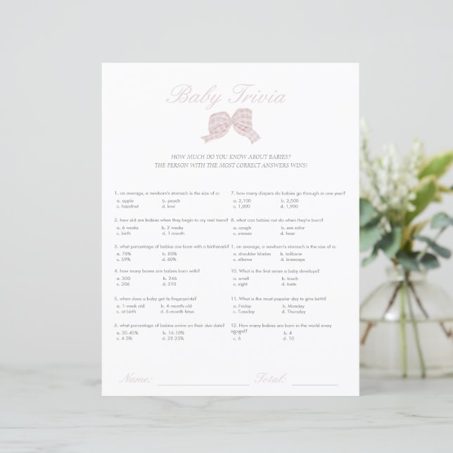 Pink bow baby shower baby trivia game (Standing Front)