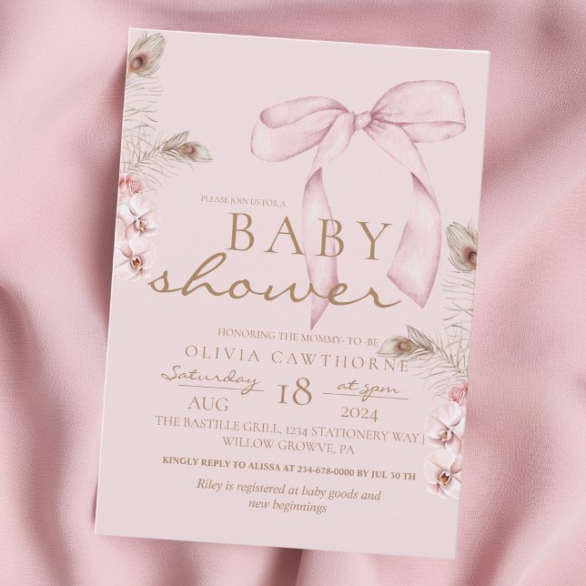 Pink Bow Baby Shower Blush Pink Invitation (Creator Uploaded)
