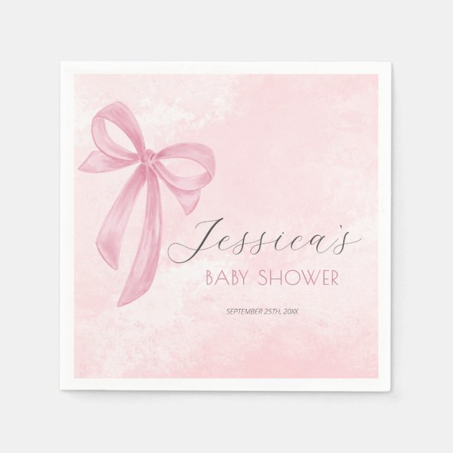 Pink Bow Baby Shower Blush Pink Watercolor Napkin (Front)