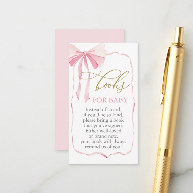 Pink Bow Baby Shower Books for Baby Enclosure Card (Front/Back In Situ)