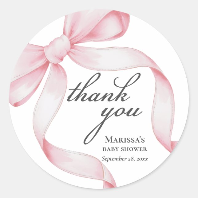 Pink Bow Baby Shower Classic Round Sticker (Front)