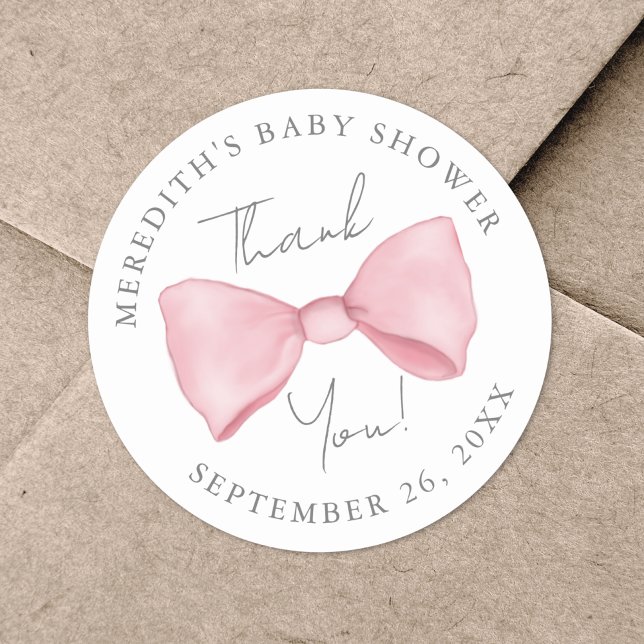 Pink Bow Baby Shower Classic Round Sticker (Pink Bow Baby Shower Classic Round Sticker)