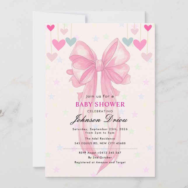 Pink Bow Baby Shower | Elegant Watercolr Invitation (Front)