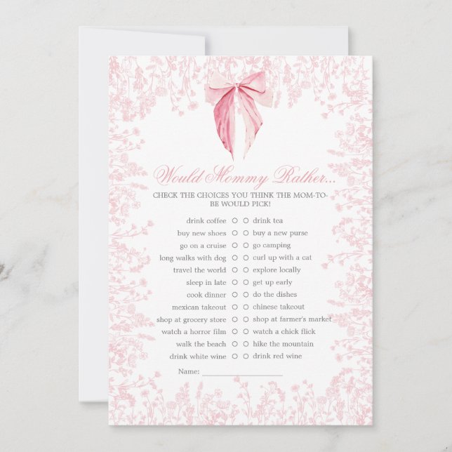 pink bow Baby Shower Game Invitation (Front)