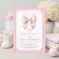 Pink Bow Baby Shower Gingham Plaid It's a Girl 