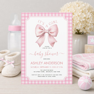 Pink Bow Baby Shower Gingham Plaid It's a Girl Invitation