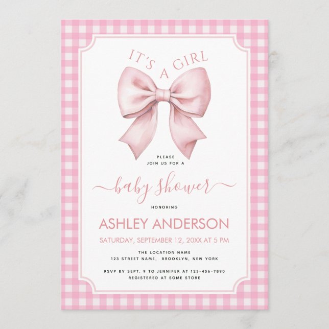 Pink Bow Baby Shower Gingham Plaid It's a Girl  Invitation (Front)