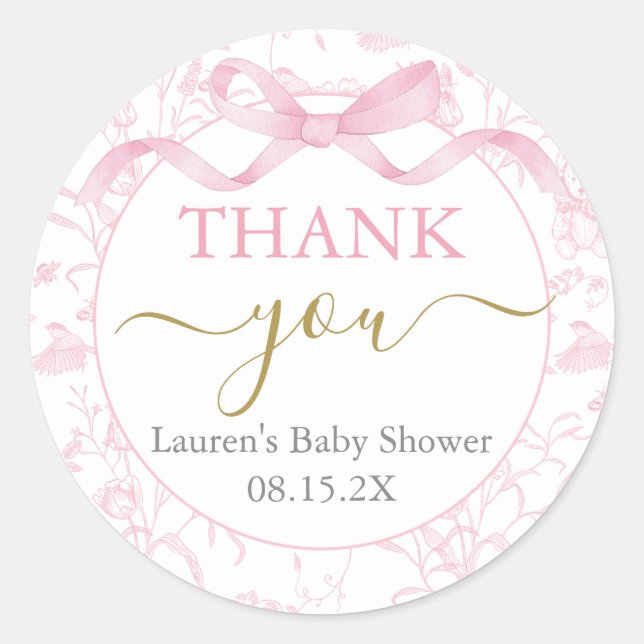 Pink Bow Baby Shower Girl Classic Round Sticker (Front)