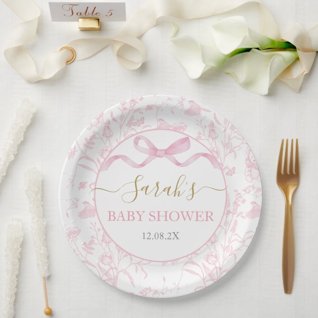 Pink Bow Baby Shower Girl Paper Plate (Wedding)