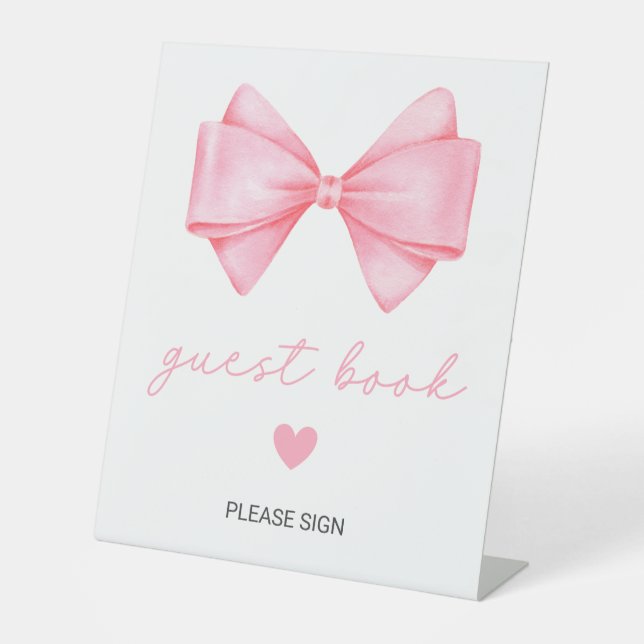 Pink Bow Baby Shower Guest Book Pedestal Sign (Front)