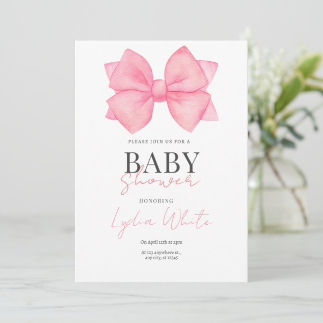Pink Bow Baby Shower Invitation Girl Baby Shower  (Standing Front)