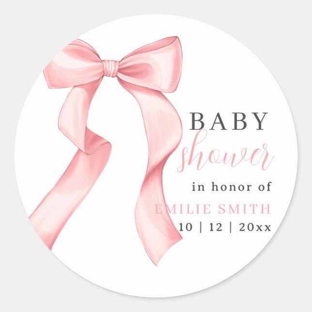 Pink Bow Baby Shower Invitation, Pink Coquette Classic Round Sticker (Front)