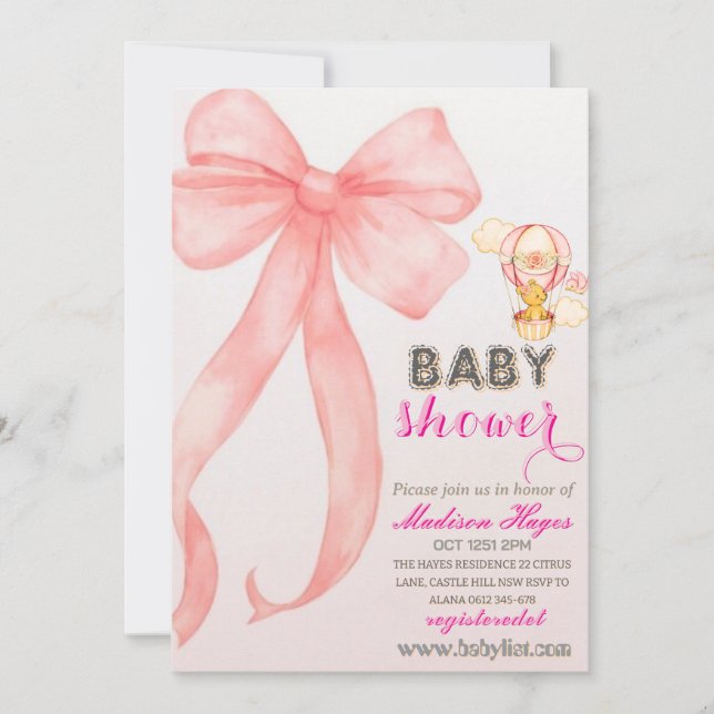 Pink Bow Baby Shower Invitation TemplateInvitation (Front)