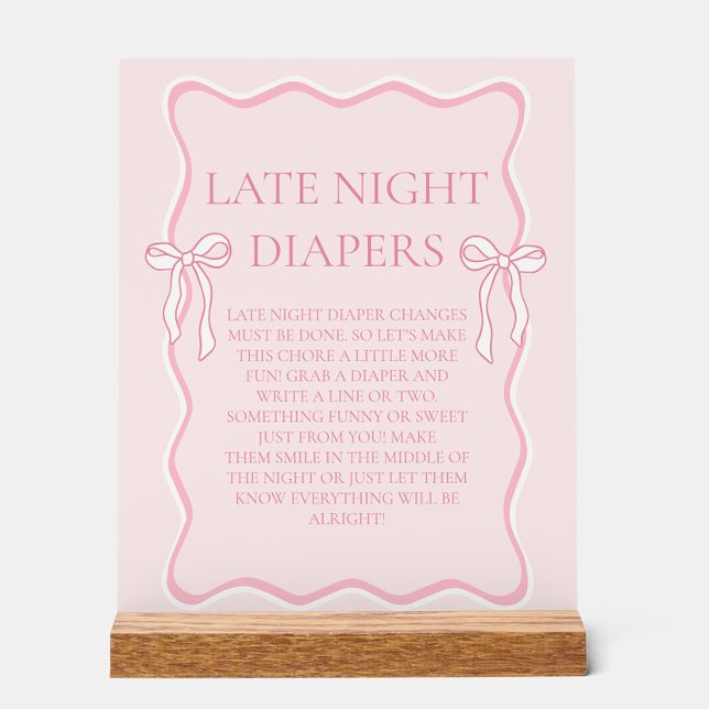 Pink Bow Baby Shower Late Night Diapers Game Acrylic Sign (Creator Uploaded)