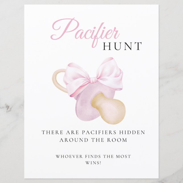 Pink Bow Baby Shower Pacifier Hunt Game Sign (Front)
