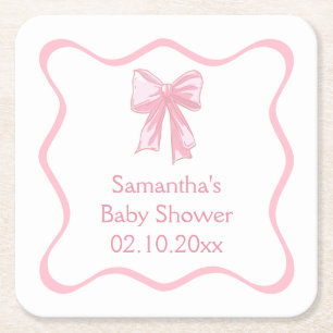Pink Bow Baby Shower Square Paper Coaster