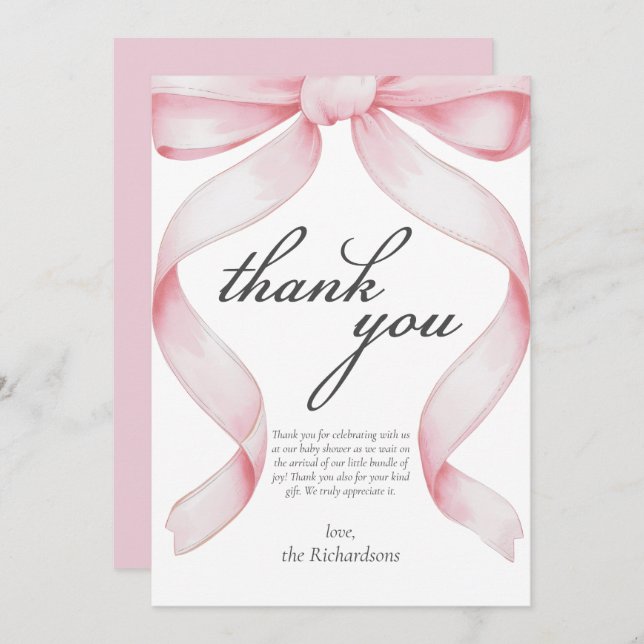 Pink Bow Baby Shower Thank You Card (Front/Back)
