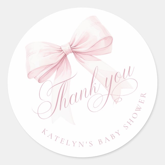 Pink Bow Baby Shower Thank You Classic Round Sticker (Front)