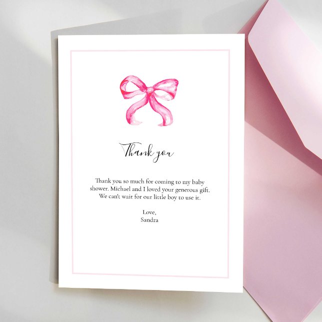 Pink Bow Baby Shower Thank you Elegant Script Card (Creator Uploaded)