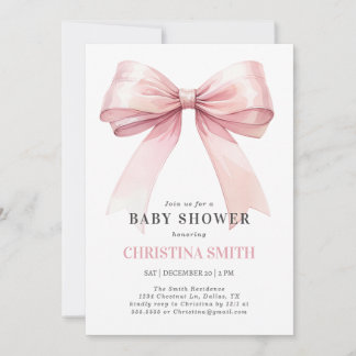 Pink Bow Baby Shower Watercolor Baby Girl Shower Invitation