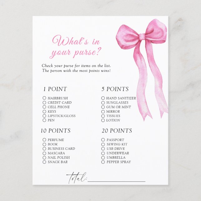Pink bow baby shower - What's in your purse game (Front)