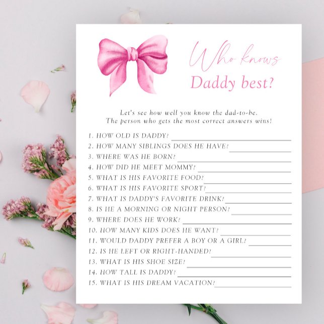 Pink bow baby shower Who knows daddy best game (Creator Uploaded)