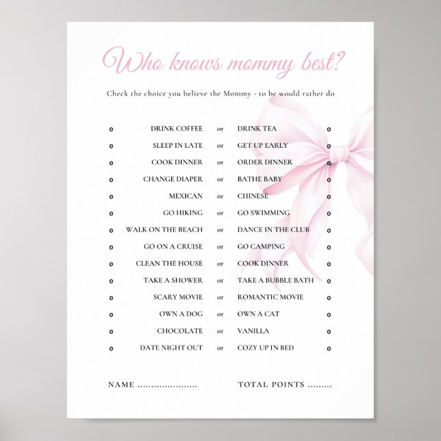 Pink Bow Baby Shower Who Knows Mommy Best Game Poster (Front)