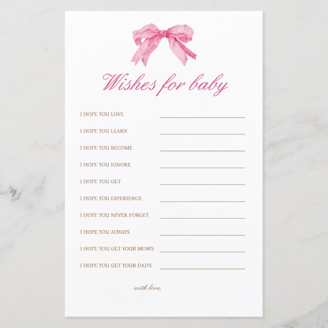 Pink Bow Baby Shower Wishes for Baby Advice (Front)
