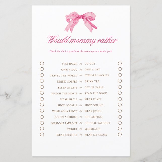 Pink Bow Baby Shower Would Mommy Rather Game (Front)