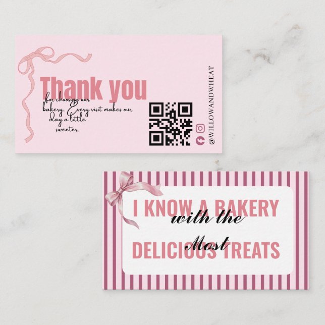 Pink Bow Bakery Thank You Card Striped (Front/Back)