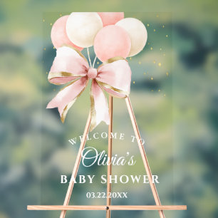 Pink Bow Balloons Baby Shower Welcome Acrylic Sign