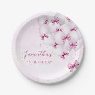Pink Bow Balloons Birthday Paper Plates