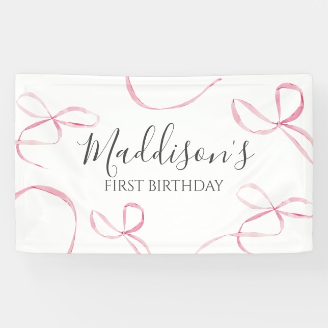 Pink bow banner, bow birthday banner  (Horizontal)