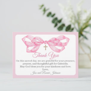 Pink Bow Baptism Thank You Card Watercolor Cross