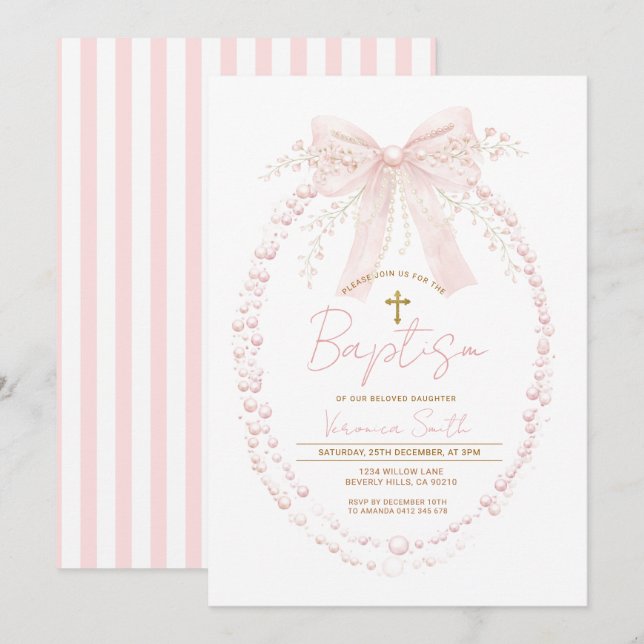 Pink Bow Baptism Watercolor Girl Christening Invitation (Front/Back)