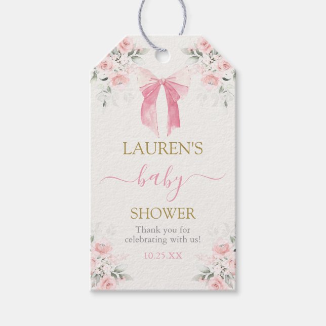 Pink Bow Bear Baby Shower Girl Gift Tag (Front)