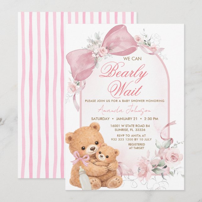 Pink bow Bearly Wait Baby Shower Invitation (Front/Back)