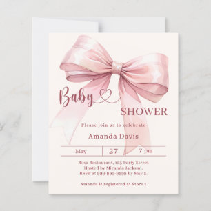 Pink bow beige girl Baby Shower invitation