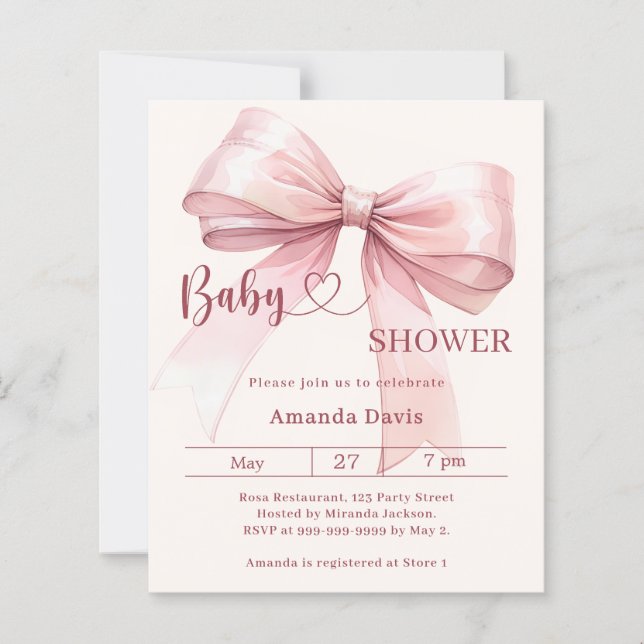 Pink bow beige girl Baby Shower invitation (Front)