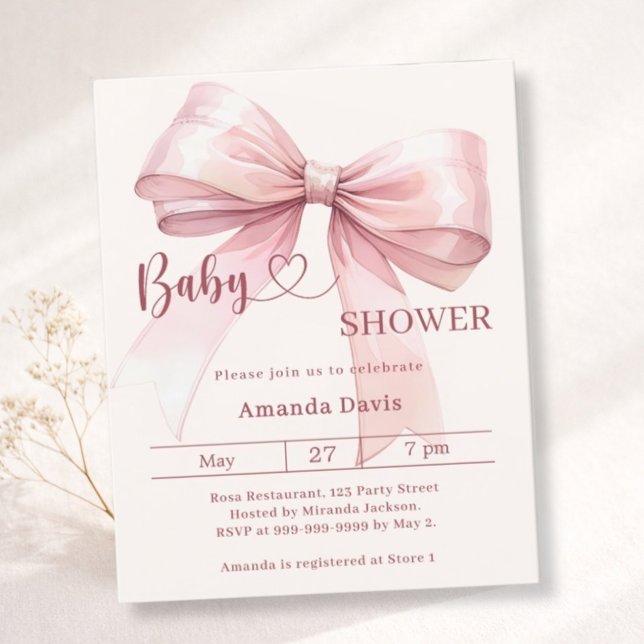 Pink bow beige girl Baby Shower invitation (Creator Uploaded)